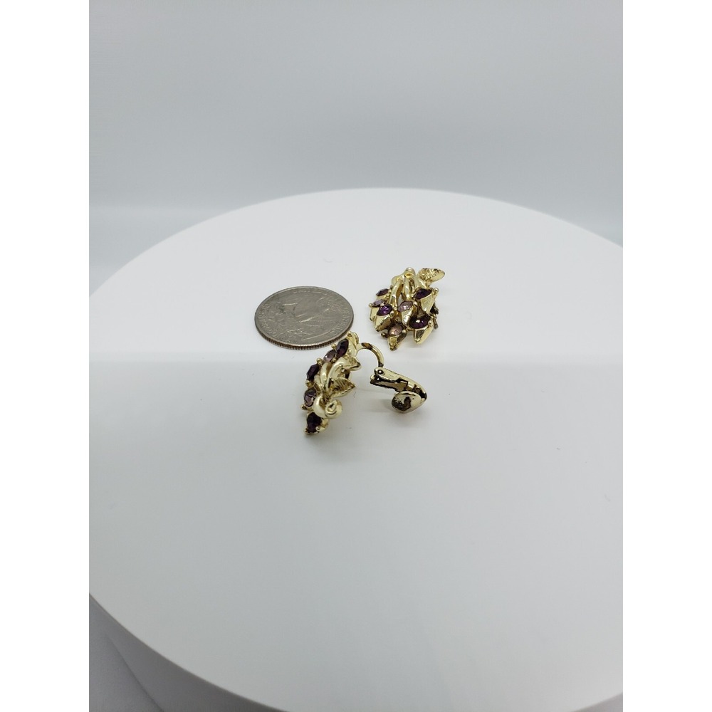 Vintage Caro Signed Floral Gold Tone Rhinestones Clip On Metal Earrings Jewelry - Picture 3 of 10
